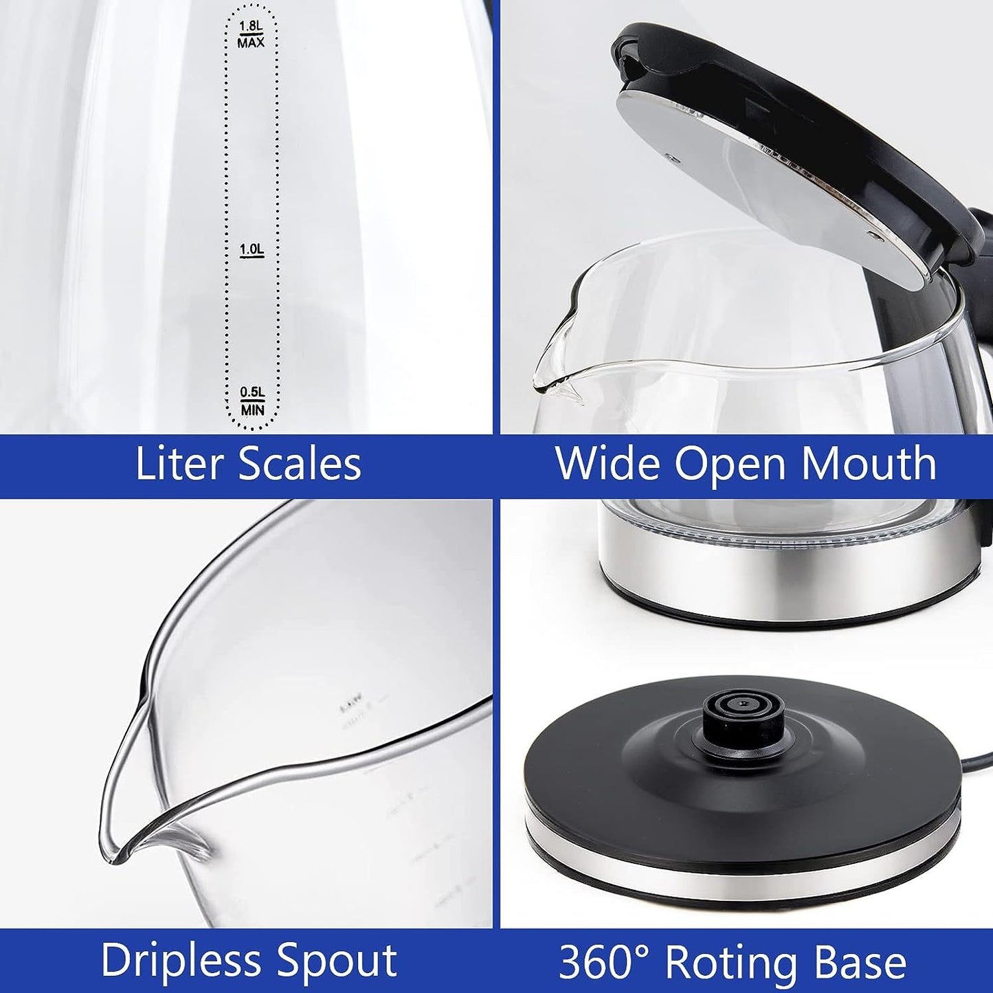USA Local Electric Kettle Water Boiler, 1.8L Electric Tea Kettle, Wide Opening Hot Water Boiler With LED Light, Auto Shut-Off & Boil Dry Protection, Glass Black