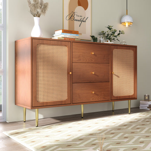 UK Local Rattan Sideboard Cabinet For Living Room, Chest Of Drawers With With 2 Doors And 3 Drawers, Adjustable Shelf, Walnut -90H 150W 40D Cm