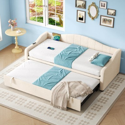 UK Local Upholstered Bed 90x190cm, Daybed, Sofa Bed With Charging Station, 3ft Single Velvet Bed With USB And Type - C Ports, Pull Out Trundle Bed For Living Room Bedroom Study Room, Beige No Mattress