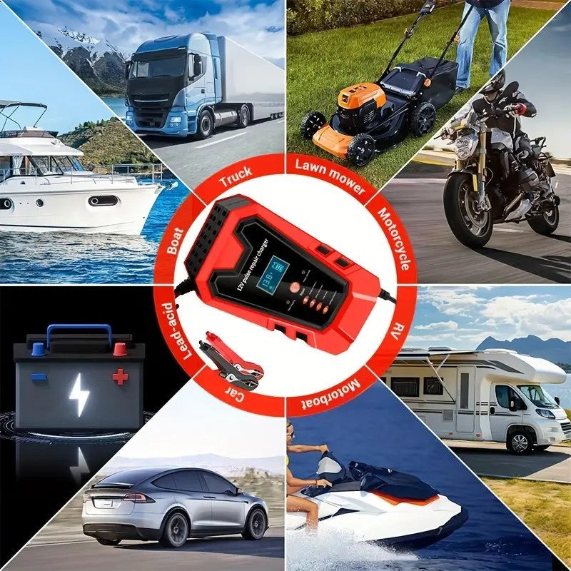 US Local Smart 12V Car Battery Charger And Motorcycle Battery Maintainer, Easy To Operate, Full Power Self-stop, LCD Display, Battery Temperature Compensation, Without Battery