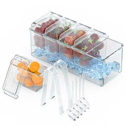 US Local 1 Set Ice Chilled Condiment Caddy Serving Tray Container Bar Garnish Holder Salad Platter Server Food Storage With 5 Removable Containers 5 Lids 2 Tongs 5 Sporks