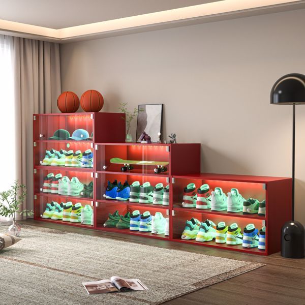 US Local Red Glass Door Shoe Box Shoe Storage Cabinet For Sneakers With RGB LED Light - Single