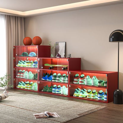 US Local Red Glass Door Shoe Box Shoe Storage Cabinet For Sneakers With RGB LED Light - Single