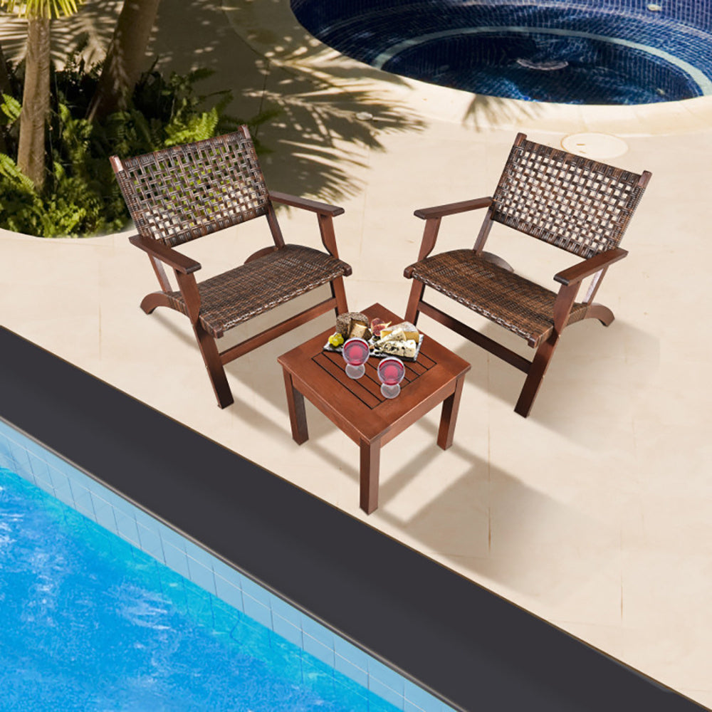 US Local 3 Pieces Outdoor Wooden Patio Rattan Furniture Set