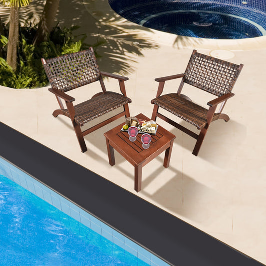 US Local 3 Pieces Outdoor Wooden Patio Rattan Furniture Set