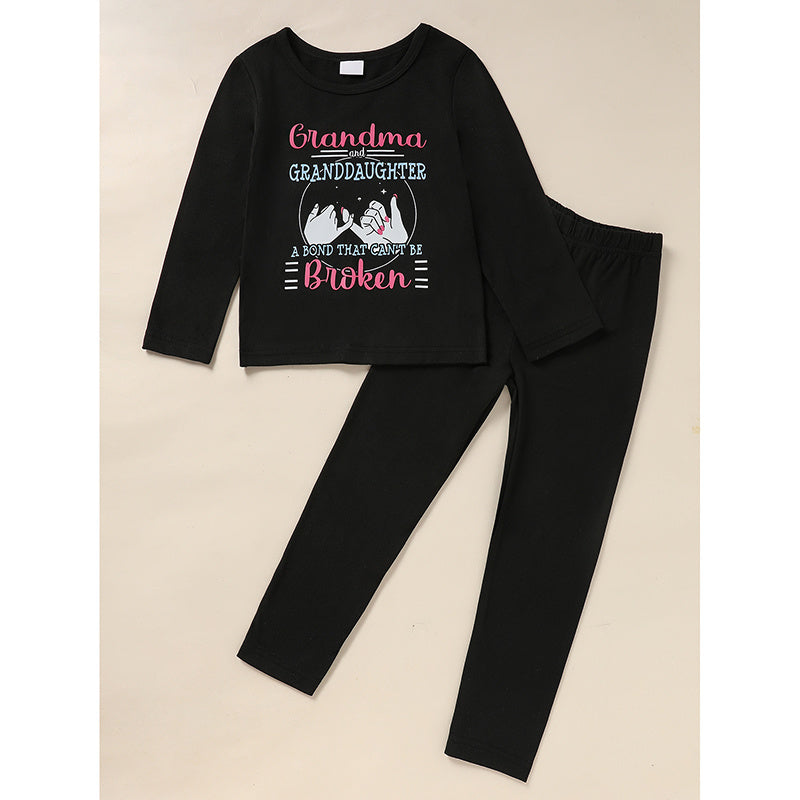 US Local Kid's 'Grandma And Granddaughter' Letter & Heart Print Long Sleeve Top & Pants Set, 2 Sets Comfy Loungewear Outfit