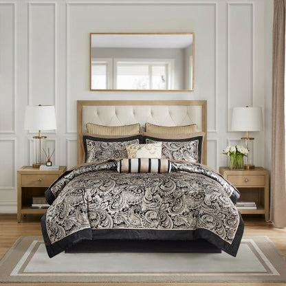 US Local 12 Piece Comforter Set With Cotton Bed Sheets Black Queen