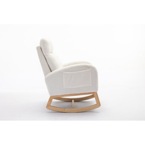 UK Local Mid Century Modern Teddy Fabric Upholstered Rocking Chair Padded Seat For Living Room Bedroom, Beige