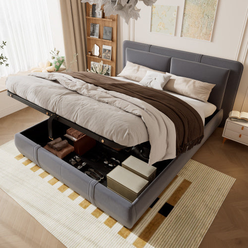 UK Local Upholstered Bed, Hydraulic Bed With Storage Function, 4ft6 Double Bed 135x190cm, Durable And Sturdy, Removable Soft Headboard Backrest, Velvet  Plywood, Grey