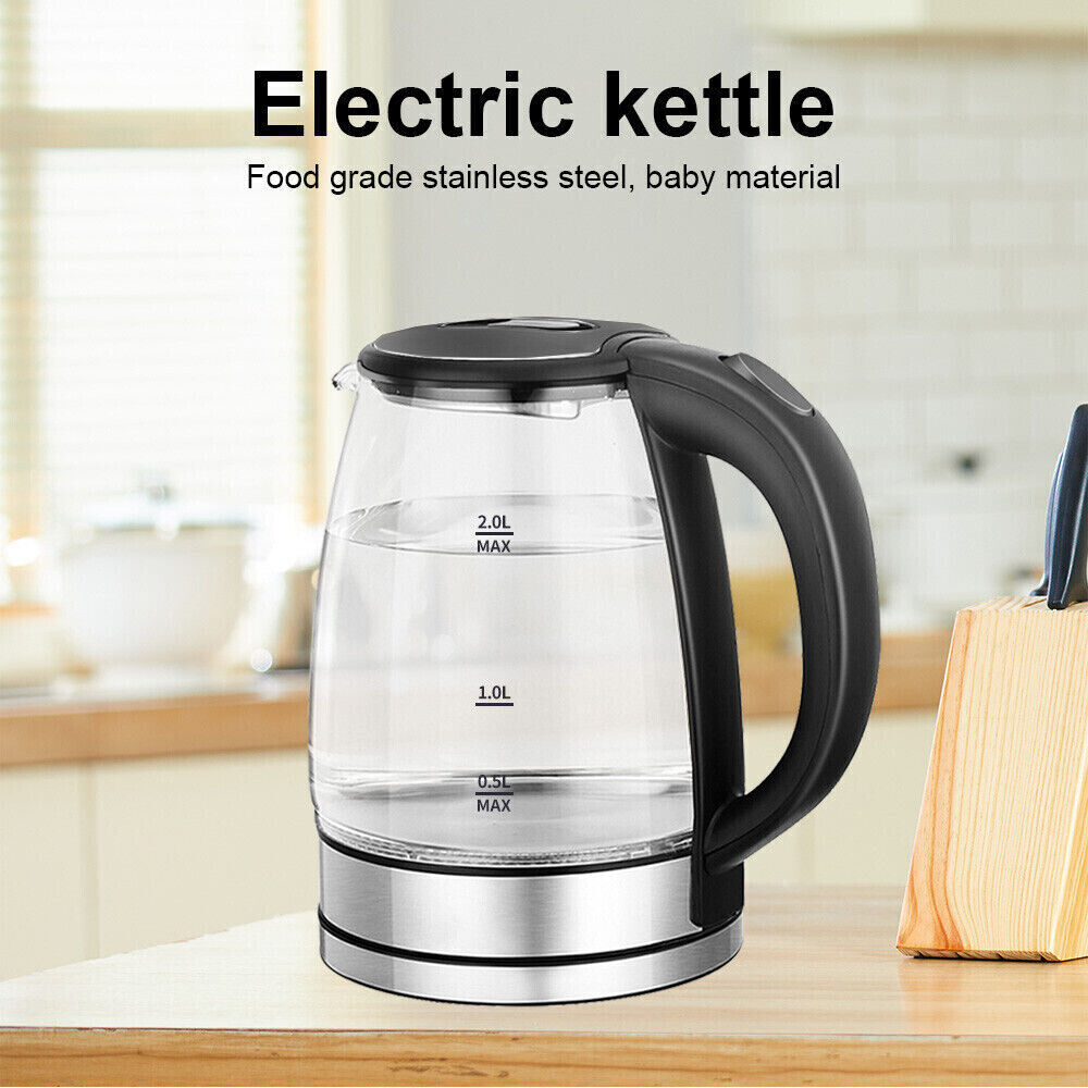 UK Local 2L Electric Kettle Glass 360 Blue LED Illuminated Portable Jug Protection 1800W
