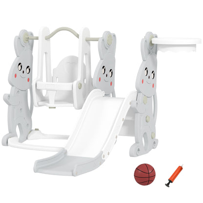 US Local 4 In 1 Toddler Slide And Swing Set With Climber, Basketball Hoop, Rabbit Themed Kids Playset For Ages 1.5-4, Gray