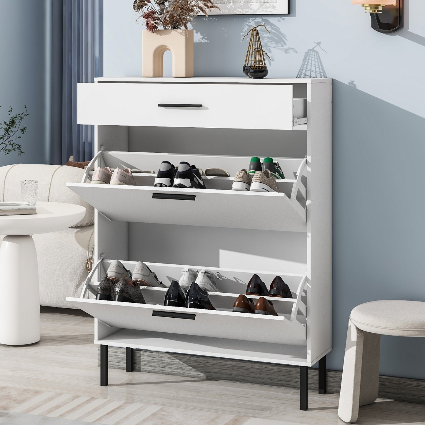 US Local Modern Shoe Cabinet With Drawers & Metal Legs, Freestanding Storage Organizer