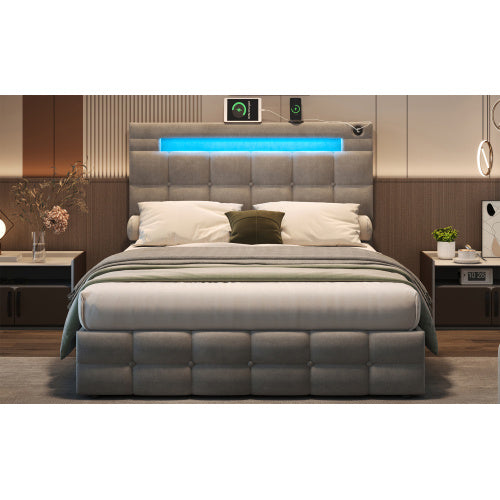 UK Local 4ft6 Double Upholstered Bed Frame With Hydraulic Storage, Velvet Ottoman Bed With LED Lighting And Charging Station, Double Bed With Adjustable Button Tufted Headboard, Beige