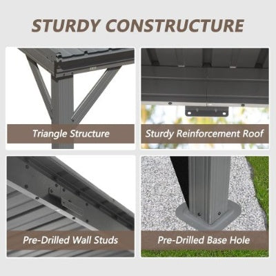 US Local 8x10 Lean To Gazebo With Upgraded Drainage System, Wall Mounted Gazebo Hardtop Galvanized Steel Sloping Roof For Patio Deck Lawn Party Gray