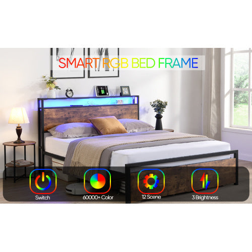 US Local Queen Size Bed Frame With Storage Headboard And 2 Drawers, LED Lights Bed With Charging Station
