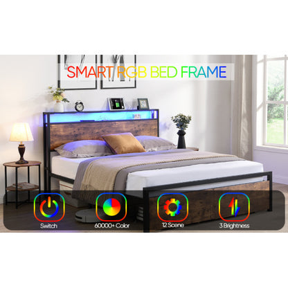 US Local Queen Size Bed Frame With Storage Headboard And 2 Drawers, LED Lights Bed With Charging Station