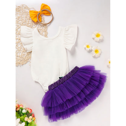US Local Baby Girls' Mardi Gras Outfit Set Ruffle Sleeve Letter Print Bodysuit, Mesh Tutu Skirt & Hairband