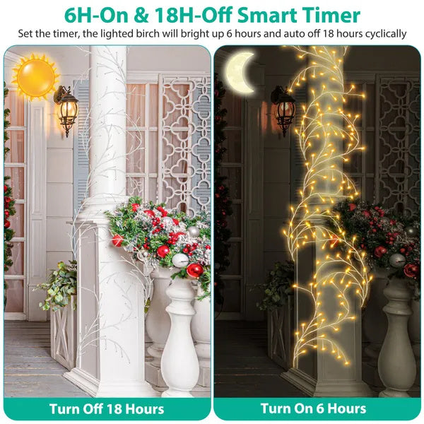Lighted Birch Garland 7.87FT Lighted Twig Vine Lights 144LED Birch Garland With Lights String Light With Timer 8 Modes IP45 Waterproof For Christmas Fireplace Home Decoration