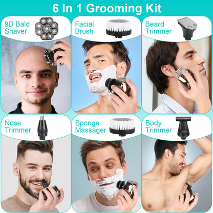 US Local 1Pc 6 In 1 9D Electric Head Shaver For Men Cordless Rechargeable Wet Dry Razor With LED Display Travel Lock Stall Protection Cleaning Reminder