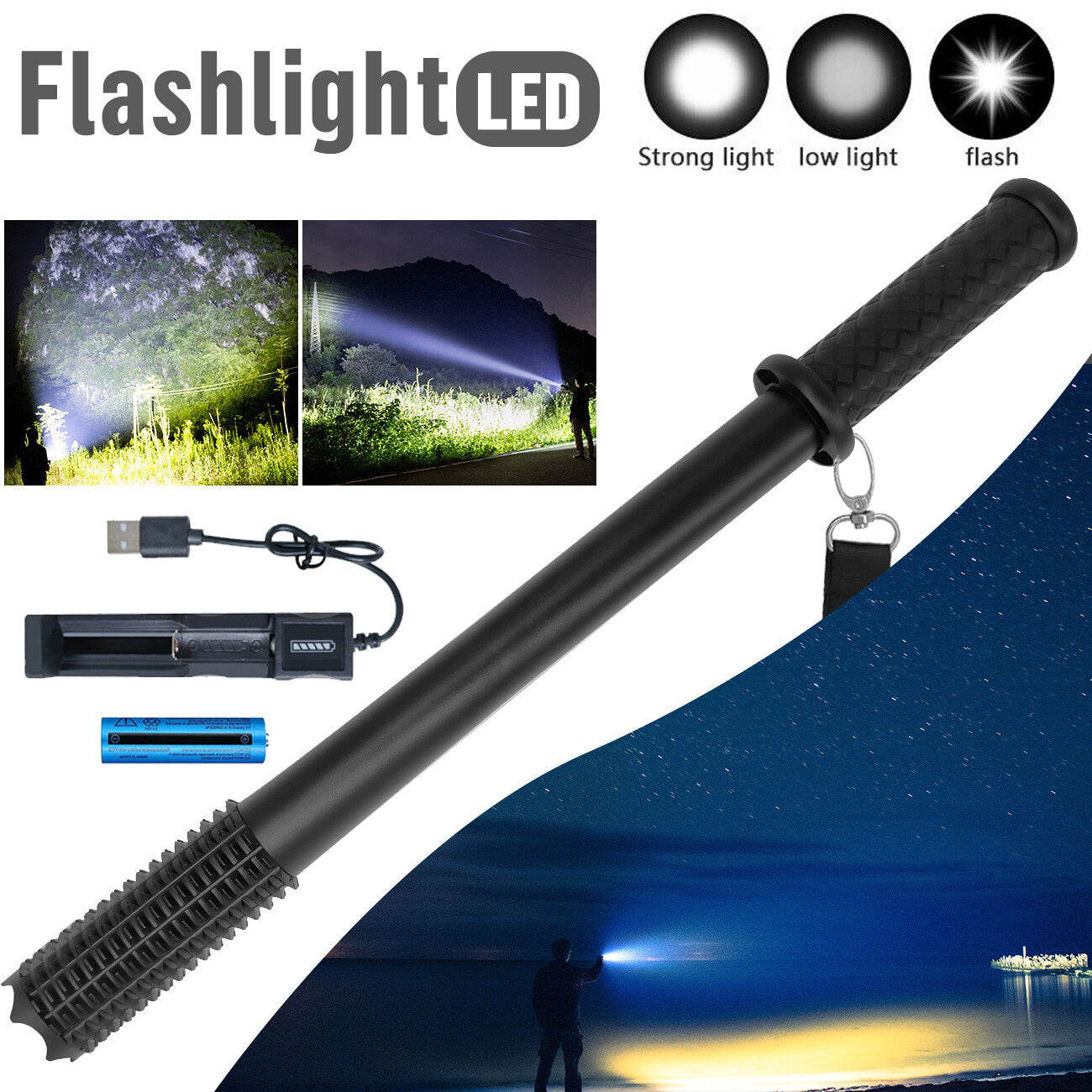 US Local Baseball LED Flashlight Rechargeable Torch Spotlight Emergency Security Work Light 3 Lighting Modes 3500000LM