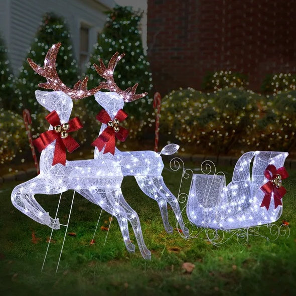 US Local 3-Piece Lighted Set Of 2 Reindeer & Sleigh, Weather Proof Christmas Outdoor Decorations With Pre-lit 270 LED White Lights And Stakes For Xmas Outdoor Holiday Indoor Decor Lighted Holiday Displays, Whi
