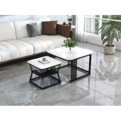 UK Local Set Of 2 Tables Square Coffee Table Coffee Table Set Nesting Sofa Table Multi-functional End Side Table Nesting Tables With Black Metal Frame Legs And Marble Pattern White Top For Living Room Home