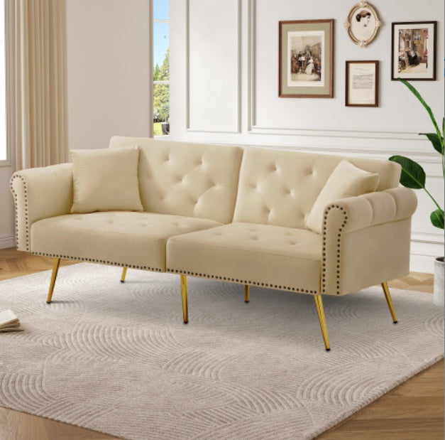 UK Local Modern 2-Seater Sofa Bed Velvet Upholstery, 3 Stage Adjustable Backrest Gold Plated Metal Feet Stylish Sofa With Sleeping Function  Space-Saving Durable Ideal For Small Spaces