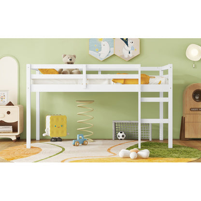 US Local Solid Wooden, Rubber Wooden Twin Loft Bed With Ladder, Bed Platform Of Strengthened Slats , White