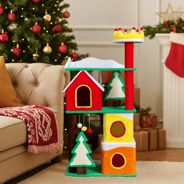 US Local 56 in Christmas Themed Plush Cat Tree, Multi-level Cat Tower With Cat Condos, Top Crown Perch, Sisal Ramp Scratching Posts, Large Cat Pet Activity Center For Indoor Cats