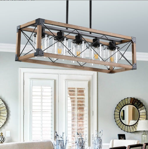 US Local 32 Walnut Industrial Farmhouse Rectangle Pendant Light, 5-Light Chandelier With Lampshades For Dining Room, Kitchen Island, Cafe Decor No Bulbs