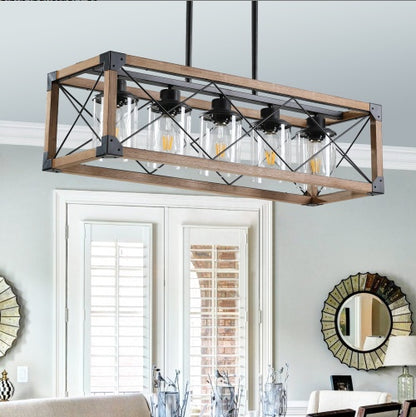 US Local 32 Walnut Industrial Farmhouse Rectangle Pendant Light, 5-Light Chandelier With Lampshades For Dining Room, Kitchen Island, Cafe Decor No Bulbs