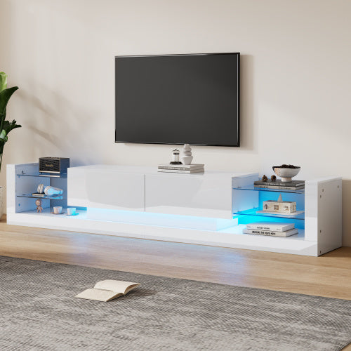 UK Local Open Glass Storage TV Stand With LED Lights For TV Cabinets Up To 75 Inches High Gloss Panel, Modern Minimalist Style Media Entertainment Center Console Cabinet Table With 2 Closed Sliding Door, White
