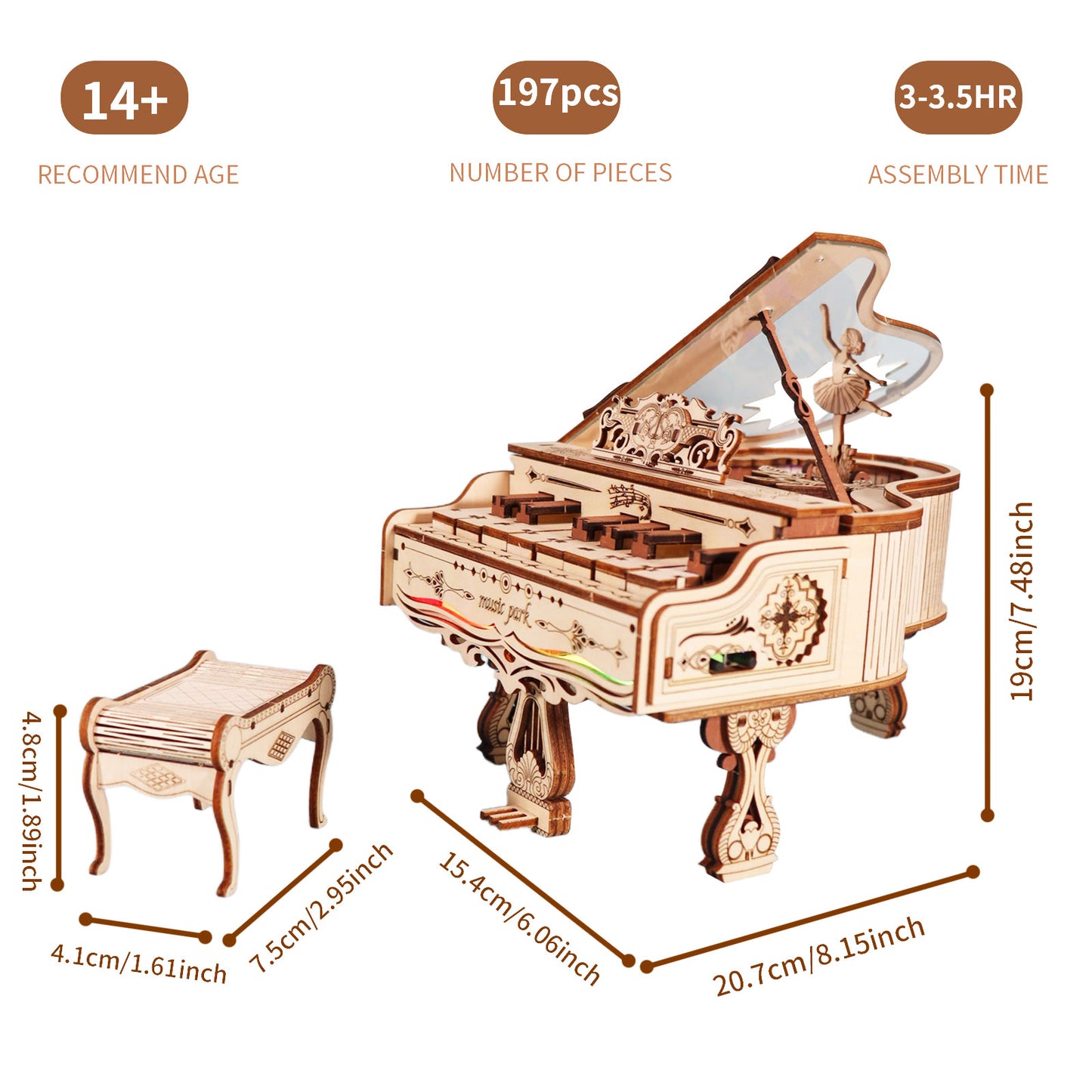 US Local MUSIC PARK 3d Wooden Puzzle Piano Music Box Can Be Played Handmade Assembly Model Kit DIY Crafts Holidays Birthdays Christmas Gifts