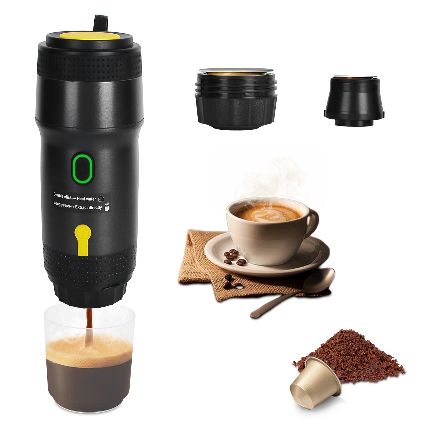 US Local 1Pc Portable Electric Espresso Machine Cordless Coffee Maker Self Heating Car Espresso Maker With Anti Dry Burn Fit For Ground Coffee NS DG Capsules For Car Camping Hiking RV Home Office