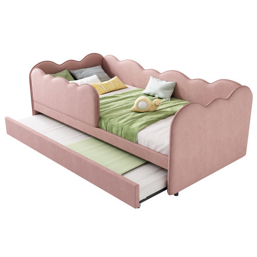 UK Local Upholstered Bed Daybed 90 X 190 Cm, 3FT Single Bed With Pull Out Trundle, Sofa Bed For Adults And Children, Single Daybed With Slatted Frame, Velvet, Pink No Mattress