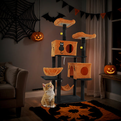 US Local Halloween Cat Tree, Large Cat Tower With 2 Spacious Cat Condos, 2 Padded Perches, 2 Hammocks, Scratching Posts, Hanging Toy, Multi-Level Cat Activities Furniture For Large Cats, Orange & Black