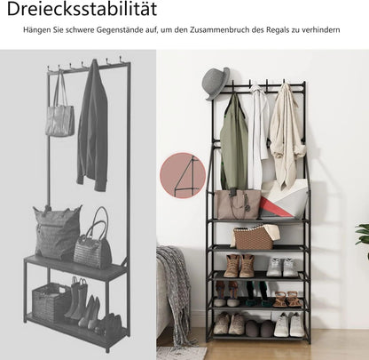 US Local 5-Tier Shoe Rack Shoe Storage For Entryway,Narrow Shoe Rack,Coat And Shoe Rack With 8 Hooks