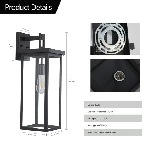 US Local 20H Set Of 2 Modern Outdoor Wall Lanterns With Black Metal Frame And Clear Glass, Weatherproof Wall Sconces For Porch, Garage, Or Entryway Lighting, E26 Bulb Compatible No Bulbs