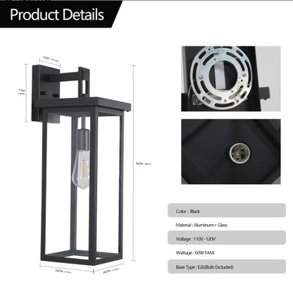 US Local 20H Set Of 2 Modern Outdoor Wall Lanterns With Black Metal Frame And Clear Glass, Weatherproof Wall Sconces For Porch, Garage, Or Entryway Lighting, E26 Bulb Compatible No Bulbs