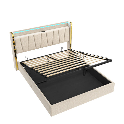 UK Local 4ft6 Double Upholstered Bed Frame With Hydraulic Storage, LED Headboard With Charging Station And Chrome Trim, USB And Type - C Ports, Linen, No Box Spring Needed, Beige