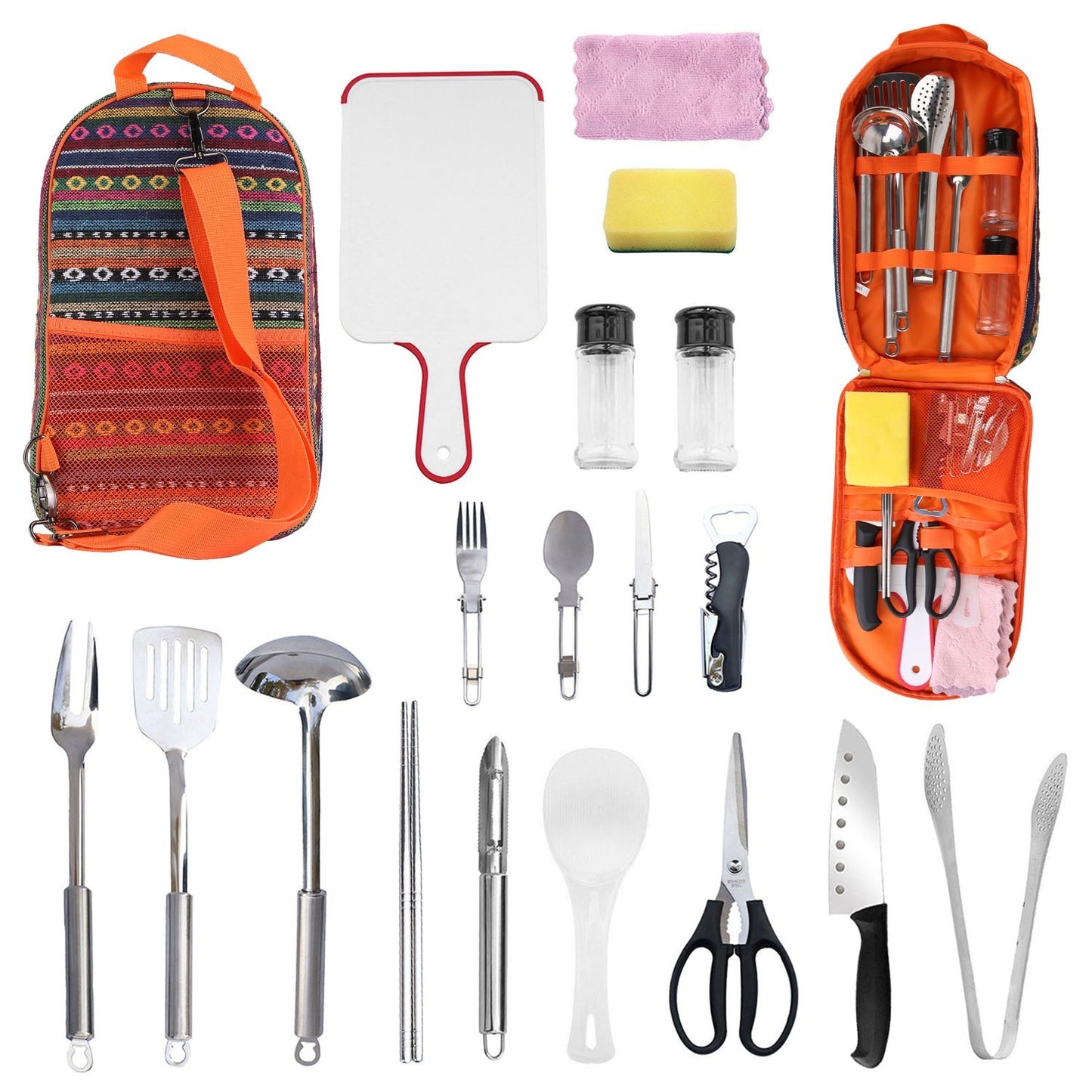 US Local 19 Pcs Camping Cooking Utensil Kit Portable Picnic Cookware Outdoor Kitchen Equipment Gear Campfire Barbecue Appliances With Storage Bag