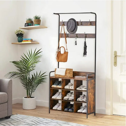 US Local Coat Rack, Hall Tree With Shoe Rack For Entryway, 3-in-1 Entryway Coat Rack And Storage Rack, With 7 Hooks, A Hanging Rod