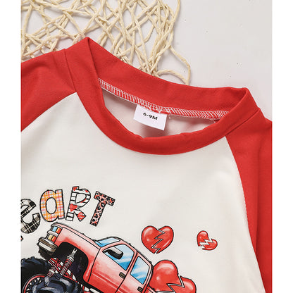 US Local 2pcs Baby Boy's 'Heart Crusher' Print Valentine's Day Set, Long Sleeve T Shirt Top & Black Heart Print Pants