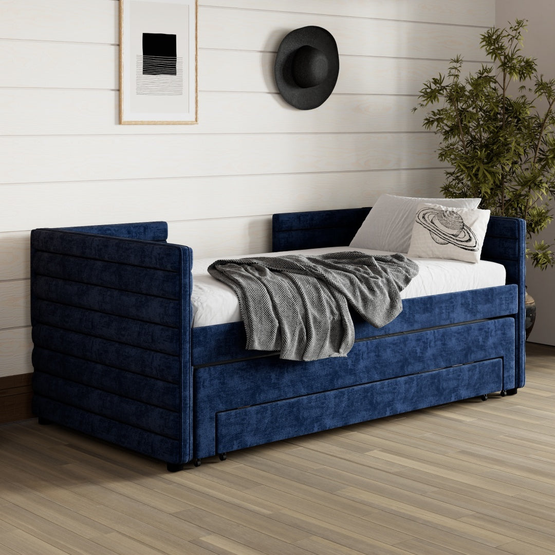 US Local Twin Size Upholstered Daybed With Trundle And 3 Storage Drawers, Chenille Fabric Sofa Bed For Guest Room, Living Room, Space-Saving Modern Day Bed Frame, No Box Spring Needed
