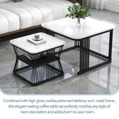 UK Local Set Of 2 Tables Square Coffee Table Coffee Table Set Nesting Sofa Table Multi-functional End Side Table Nesting Tables With Black Metal Frame Legs And Marble Pattern White Top For Living Room Home