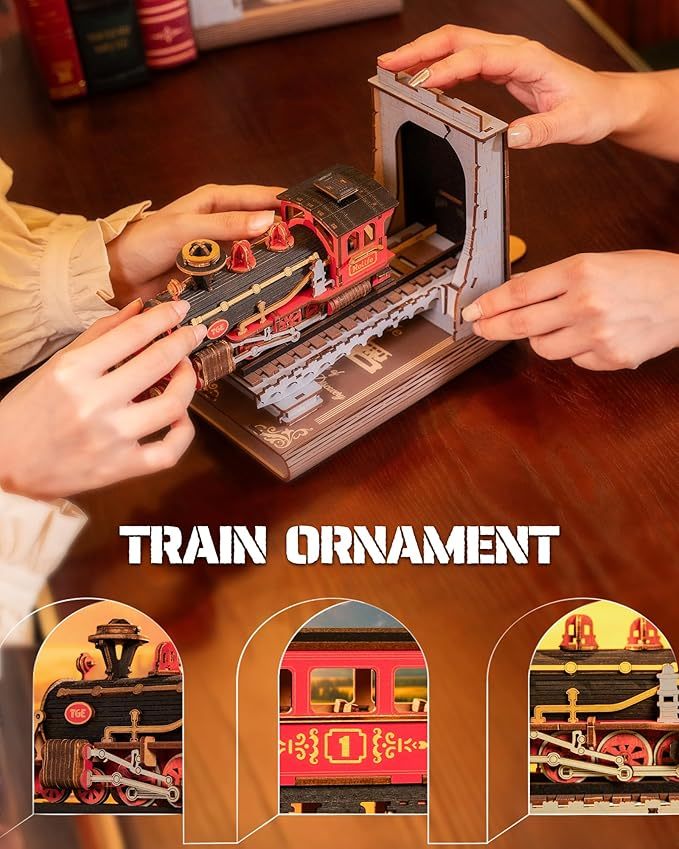 US Local ROBOTIME Book Nook Book Ends Kits Century Train DIY Booknook 3D Wooden Puzzle Model Kit Bookend Bookshelf Decoration Gifts For Adults Kids Teens