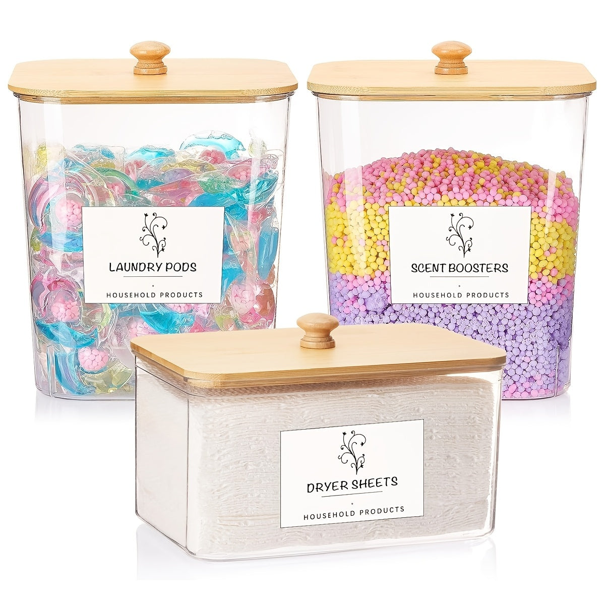 US Local 3-Pack Laundry Room Organization Storage Boxes, Clear Laundry Bead Containers And Dryer Sheet Holders Set With Lids And Labels For Detergent, Washing Powder, Dryer Balls, Laundry Beads