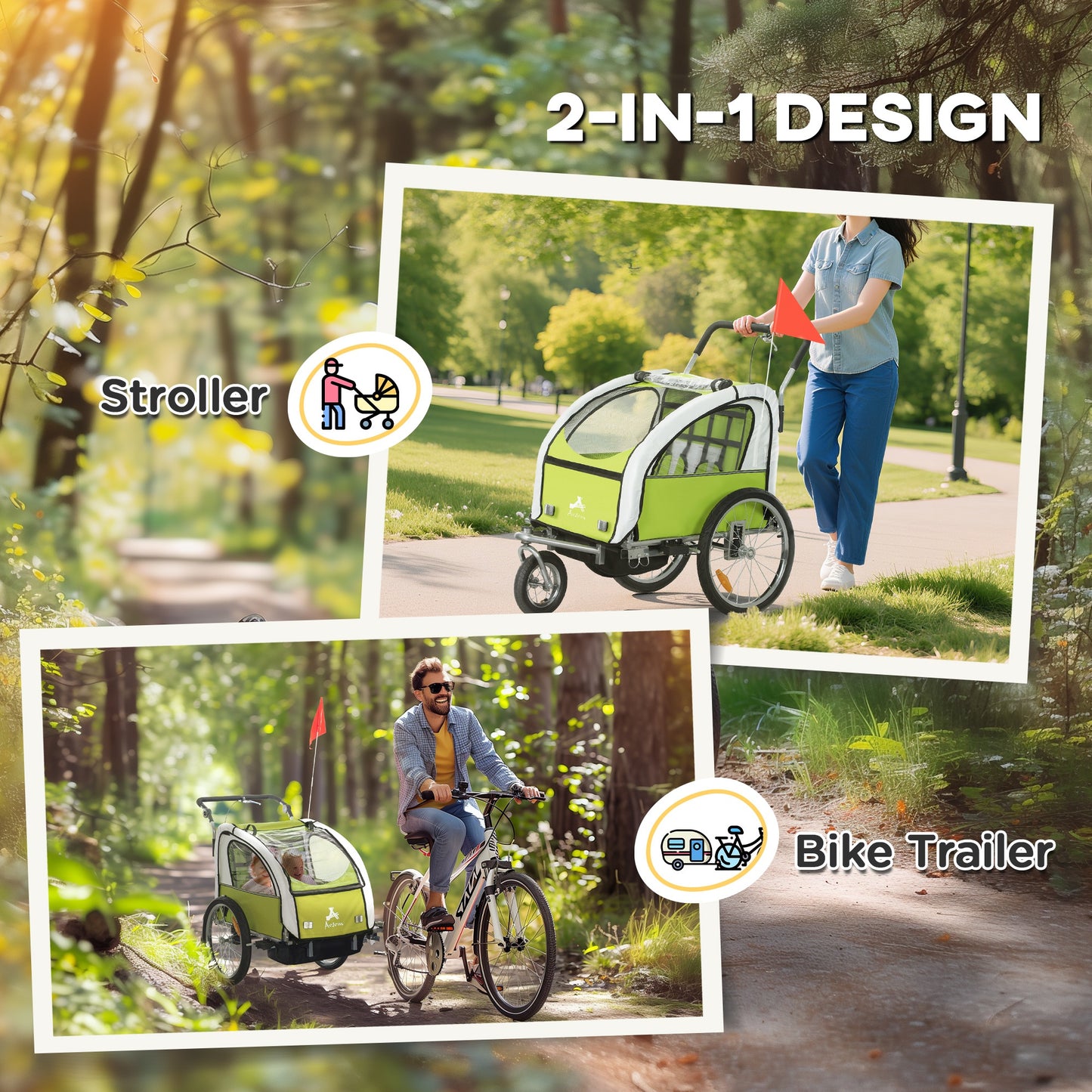 US Local Bike Trailer for Kids 3 In1 Foldable Child Jogger Stroller Baby Stroller Transport Carrier with Shock Absorber System Rubber Tires Adjustable Handlebar Kid Bicycle Trailer and