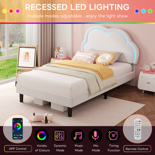 UK Local 3ft Single Upholstered Bed With LED Adjustable Cute Cloud Headboard, Soft Velvet Bed Frame With Solid Wood Slat, No Box Spring Needed, Easy Assembly, Cream White No Mattress