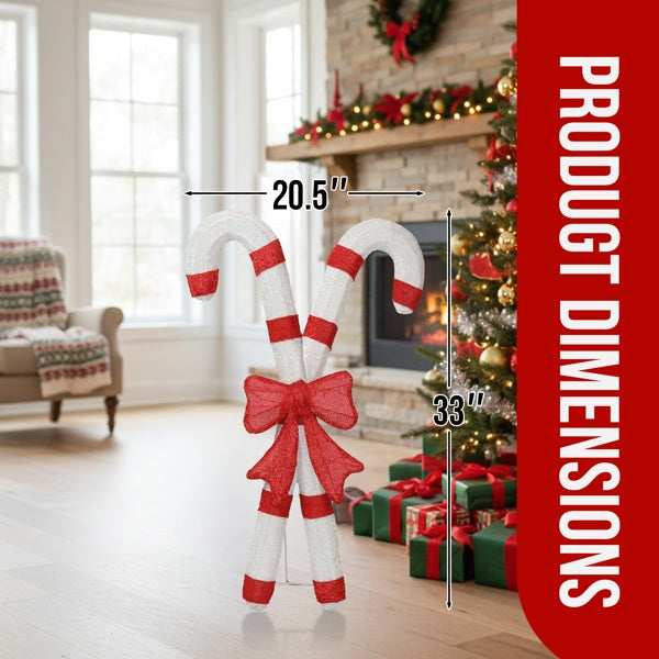 US Local Lighted Candy Cane And Red Bowknot Christmas Decorations, Pre-lit 2D Holiday Decor With 100 Warm White LED Lights For Xmas Outdoor Indoor Decor Lighted Holiday Displays